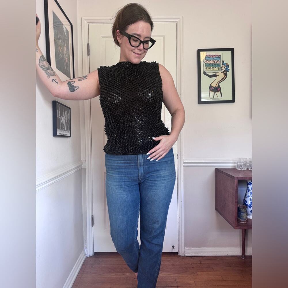 60s Vintage Black Wool Beaded Top or Vest Sz L